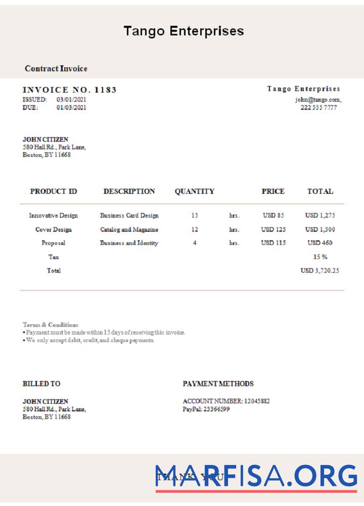 Realistic USA Tango Enterprises invoice real example
